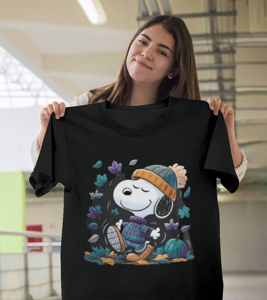 Snoopy Autumn Walk Striped Beanie Pumpkin And Falling Leaves T-Shirt
