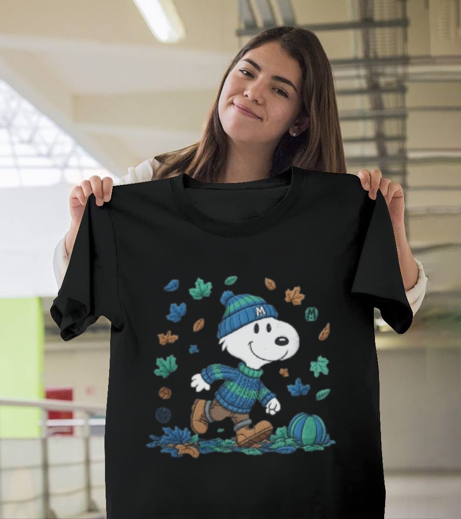 Snoopy Walking Autumn Leaves Blue Green Beanie Pumpkin T-Shirt