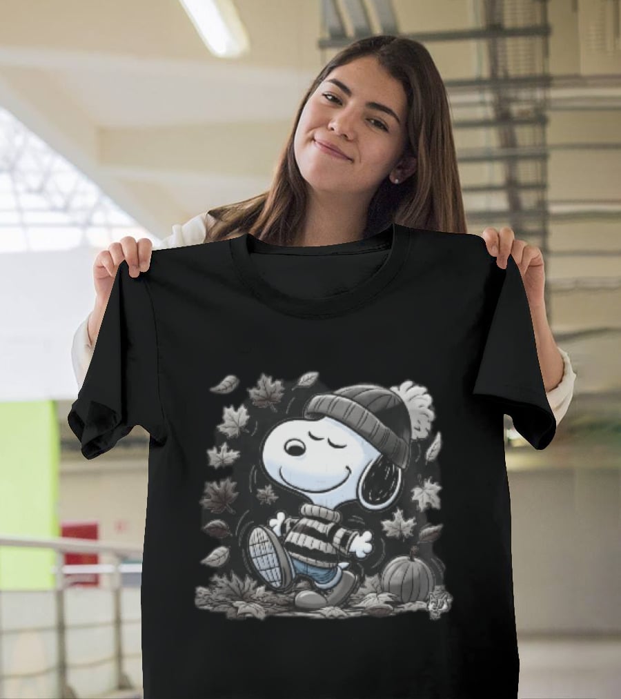 Snoopy Walking Beanie Striped Sweater Autumn Leaves Pumpkin Cartoon T-Shirt
