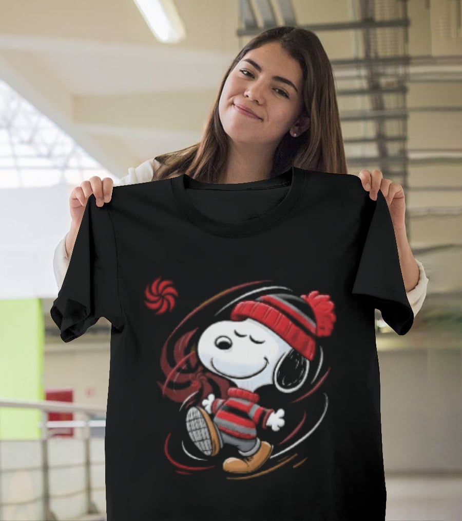 Snoopy Walking Red Black Striped Beanie Swirl Cartoon T-Shirt