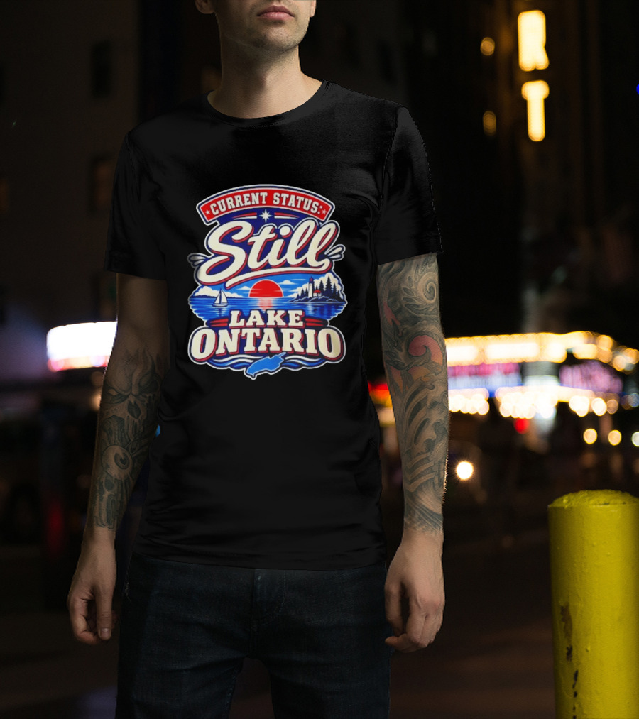 Current Status Still Lake Ontario Sunset Sailboat Lighthouse Scene T-Shirt