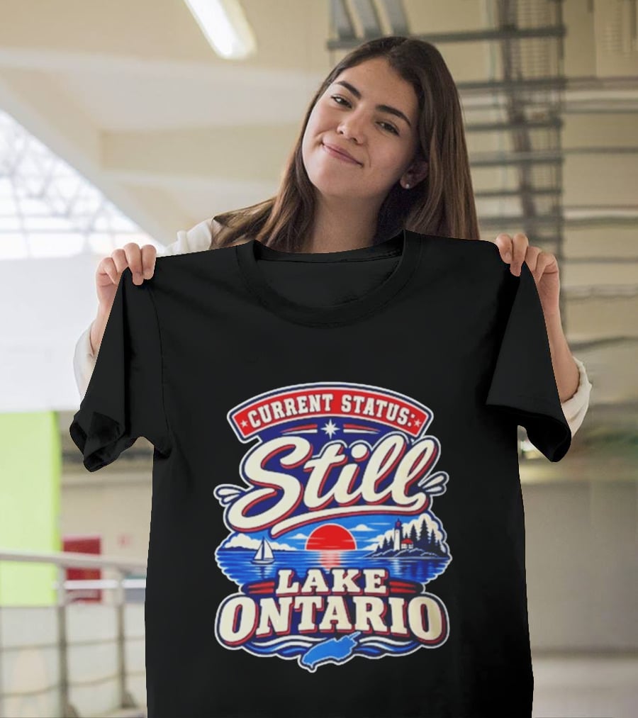 Current Status Still Lake Ontario Sunset Sailboat Lighthouse Scene T-Shirt