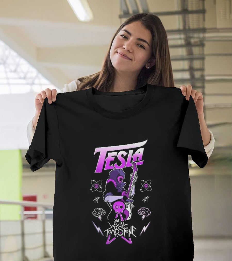 Tesla The Living Tombstone Purple Hooded Skull Mask Electric Guitar Pixel T-Shirt