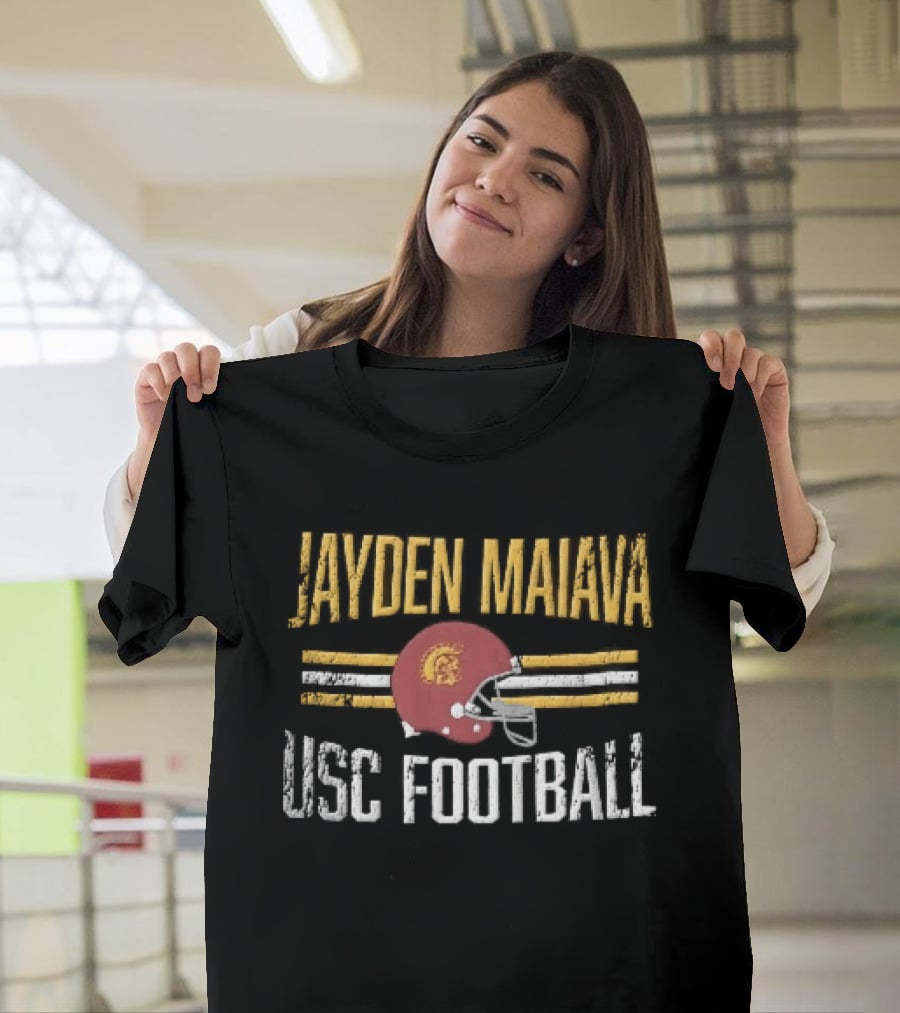 Jayden Maiava USC Football Distressed Helmet Yellow Stripes T-Shirt