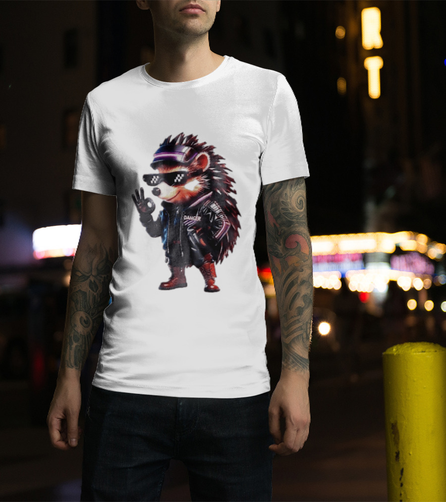 Danger Hedgehog Pixel Sunglasses Leather Jacket T-Shirt