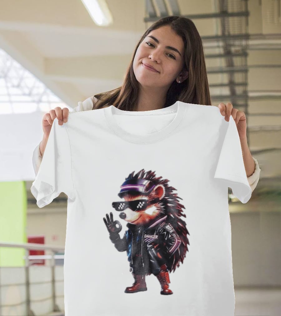 Danger Hedgehog Pixel Sunglasses Leather Jacket T-Shirt