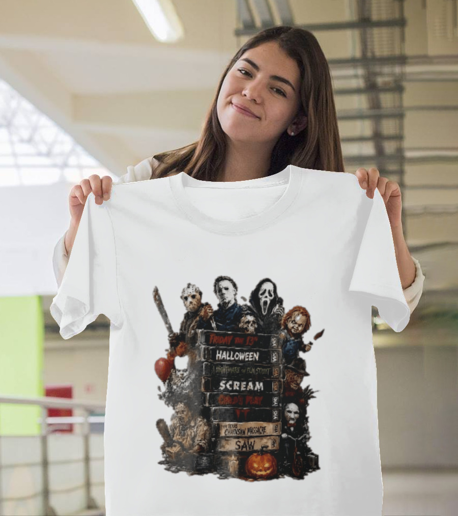 Friday The 13th Halloween Nightmare On Elm Street Scream Child's Play IT Texas Chainsaw Massacre Saw Horror Movie Stack T-Shirt