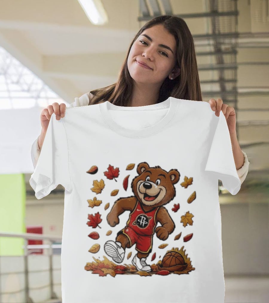 Houston Rockets Clutch The Bear Running With Basketball And Autumn Leaves T-Shirt