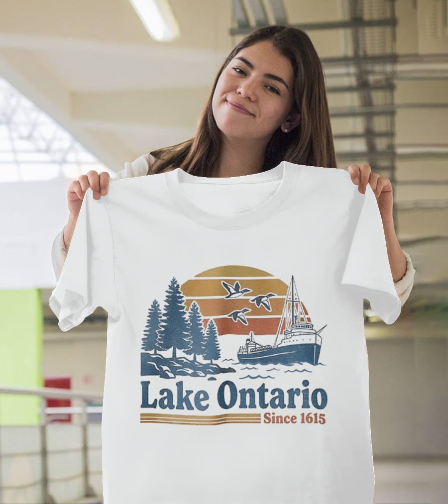 Lake Ontario Great Lakes Since 1615 Scenic Sunrise With Ship And Trees T-Shirt