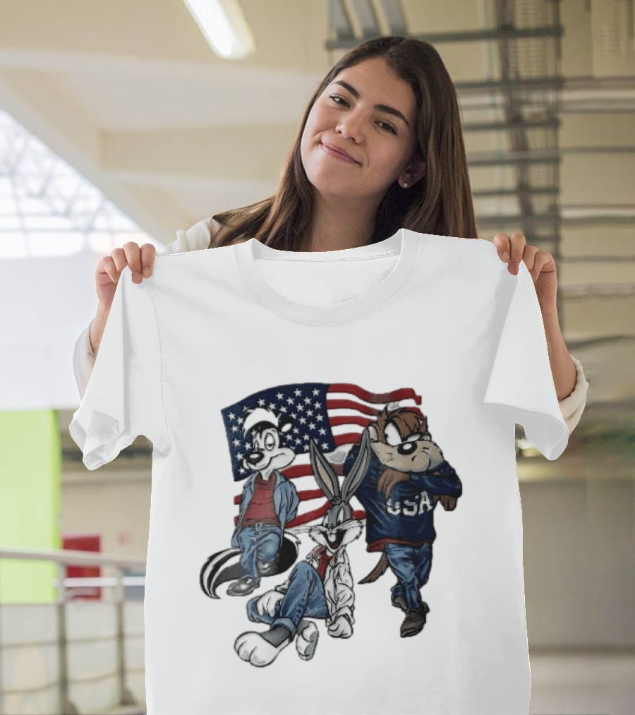 Looney Tunes Pepe Le Pew Bugs Bunny Tasmanian Devil USA American Flag Caricature T-Shirt
