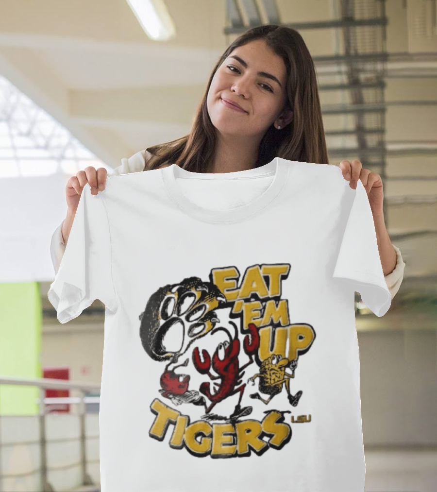 LSU Tigers Eat Em Up Cartoon Crawfish Corn Bean Paw Running T-Shirt