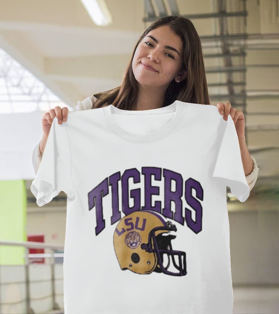 LSU Tigers Yellow Football Helmet Purple Arched Letters NCAA T-Shirt