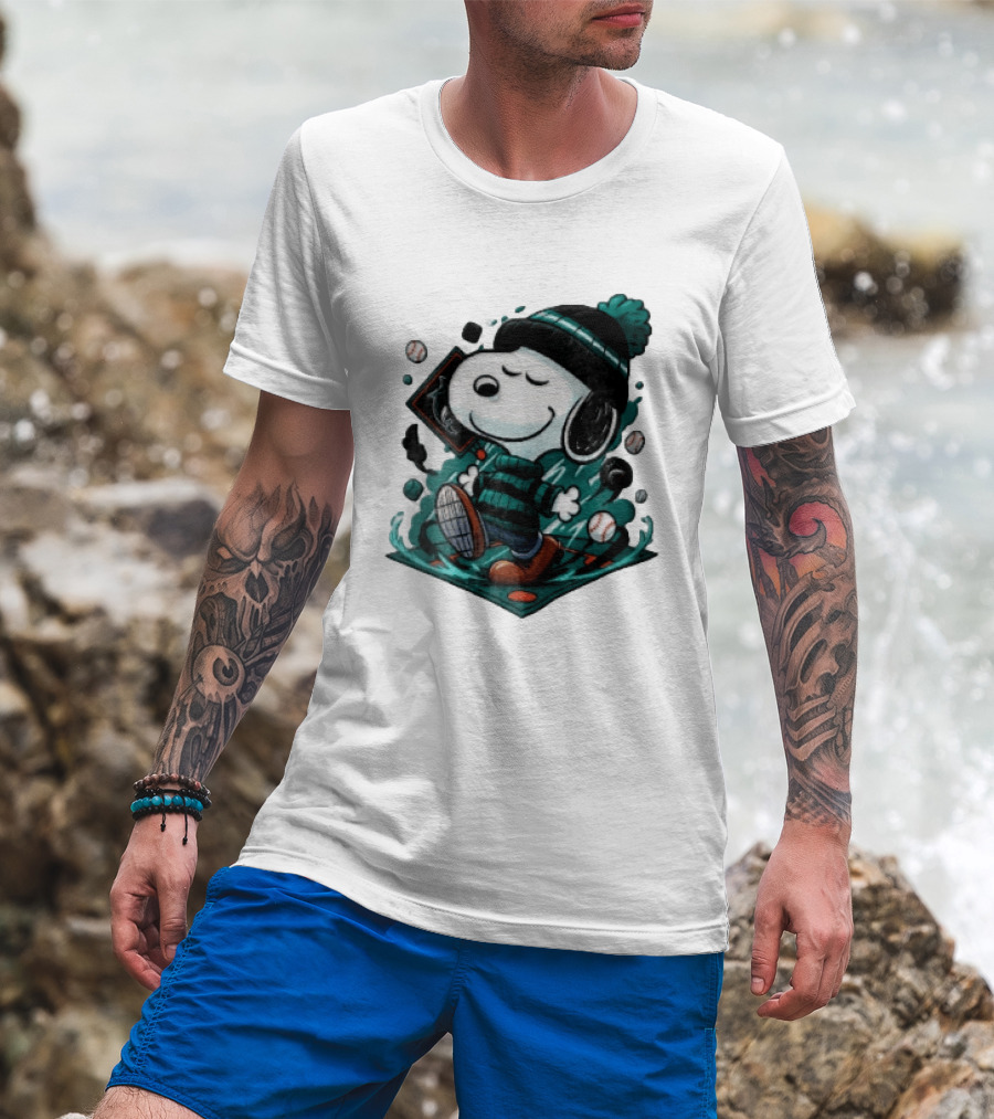 Miami Marlins MLB Snoopy Walking Teal Winter Beanie Striped Baseballs T-Shirt