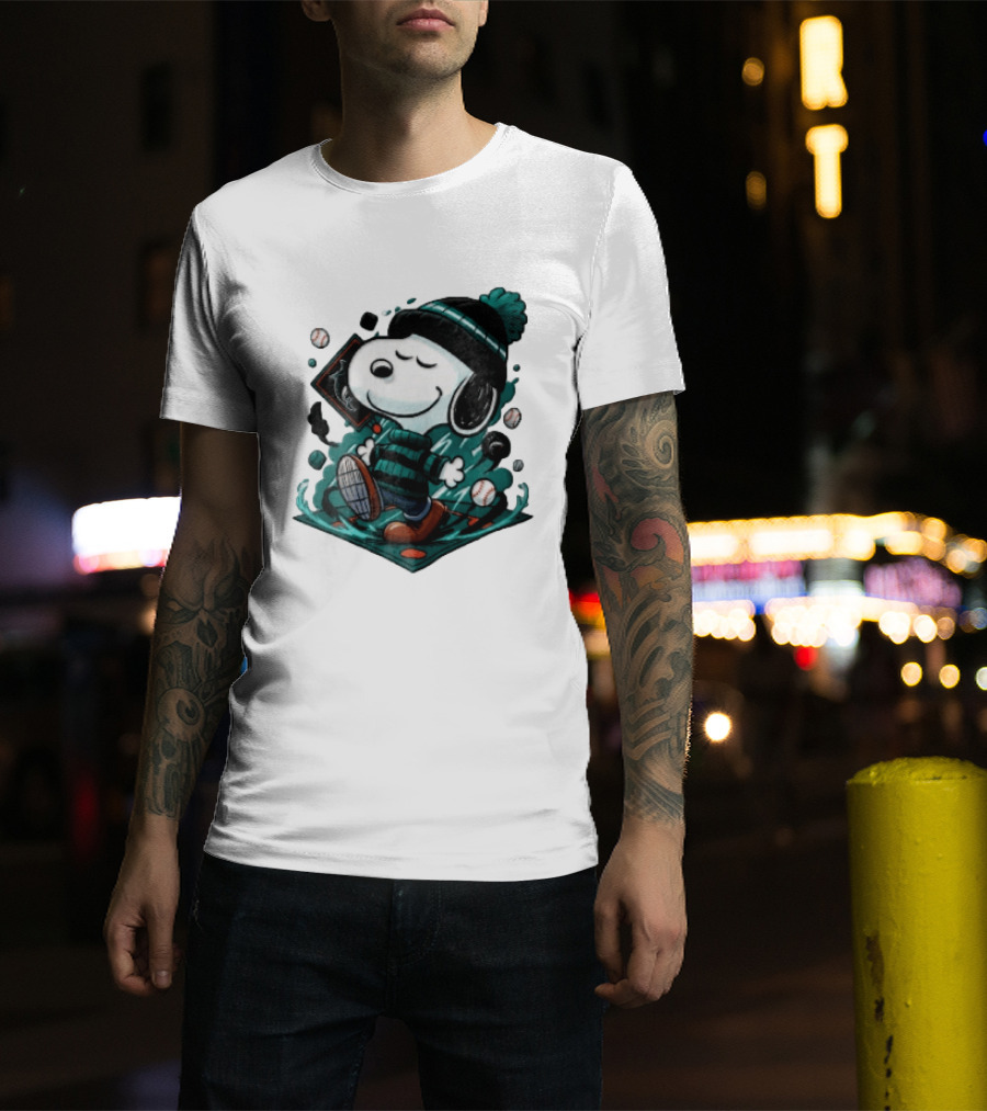 Miami Marlins MLB Snoopy Walking Teal Winter Beanie Striped Baseballs T-Shirt