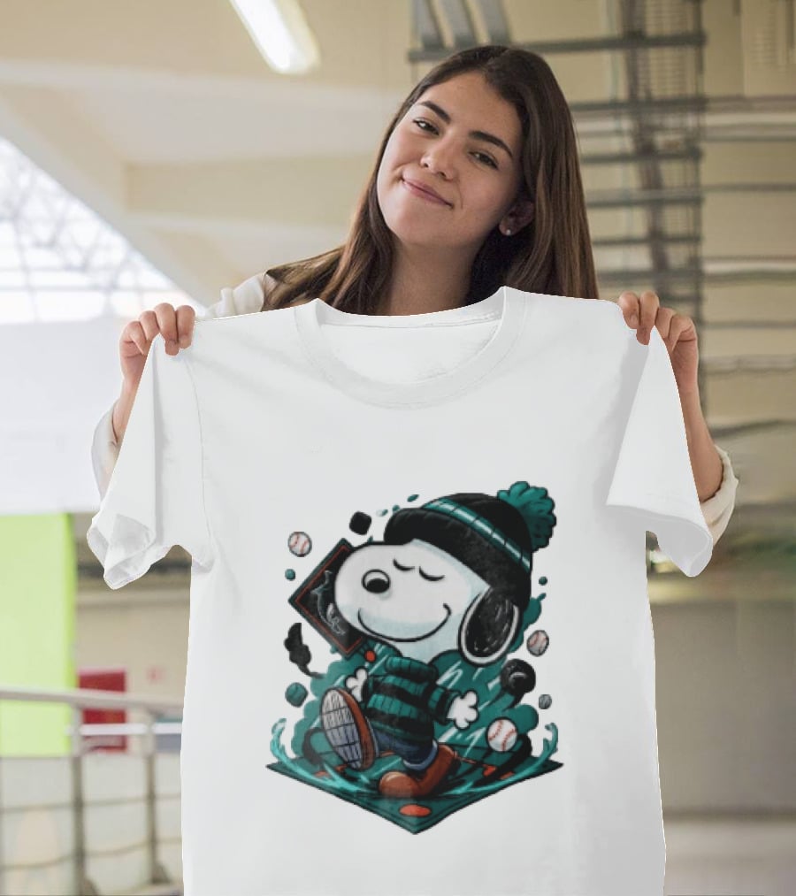 Miami Marlins MLB Snoopy Walking Teal Winter Beanie Striped Baseballs T-Shirt