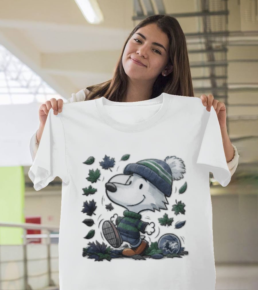 Minnesota Timberwolves Snoopy Beanie Boots Falling Leaves Cartoon T-Shirt