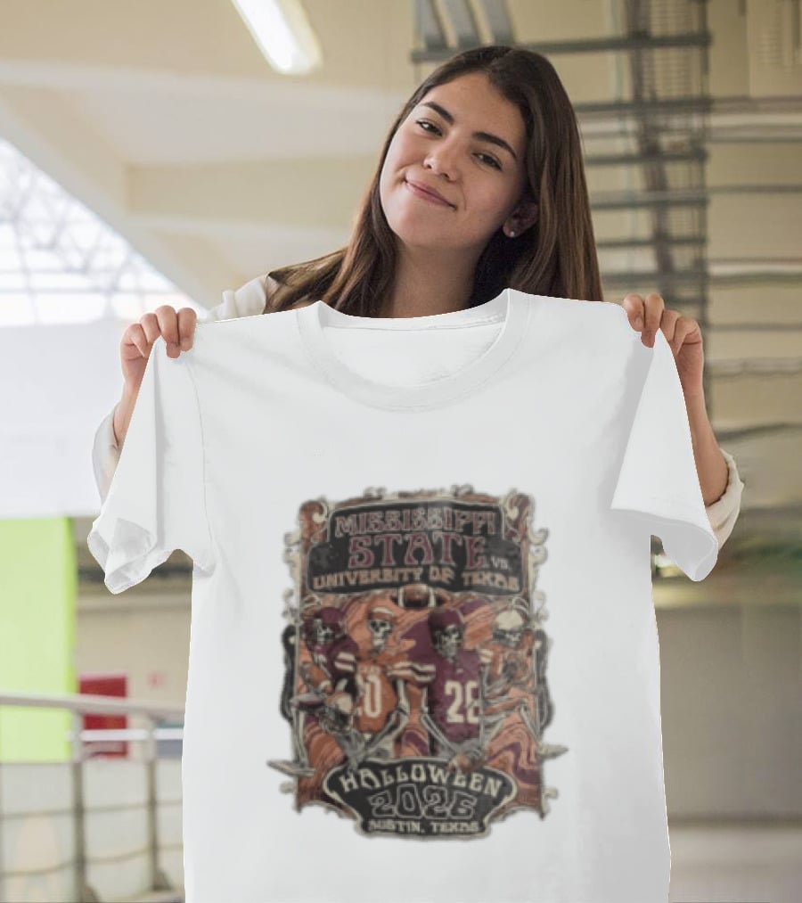 Mississippi State Vs University Of Texas Halloween 2026 Austin Texas Skeleton Football Players T-Shirt