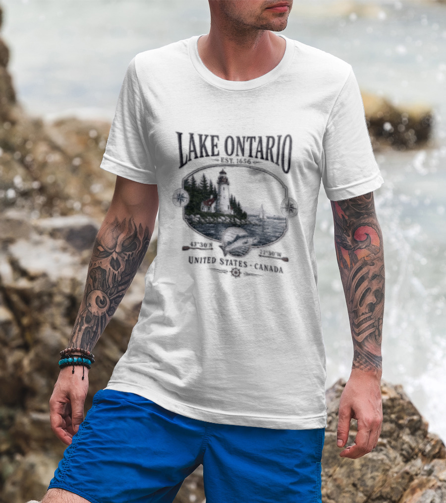 Lake Ontario Lighthouse Sailboat Fish 43 30 And 77 W United States Canada T-Shirt