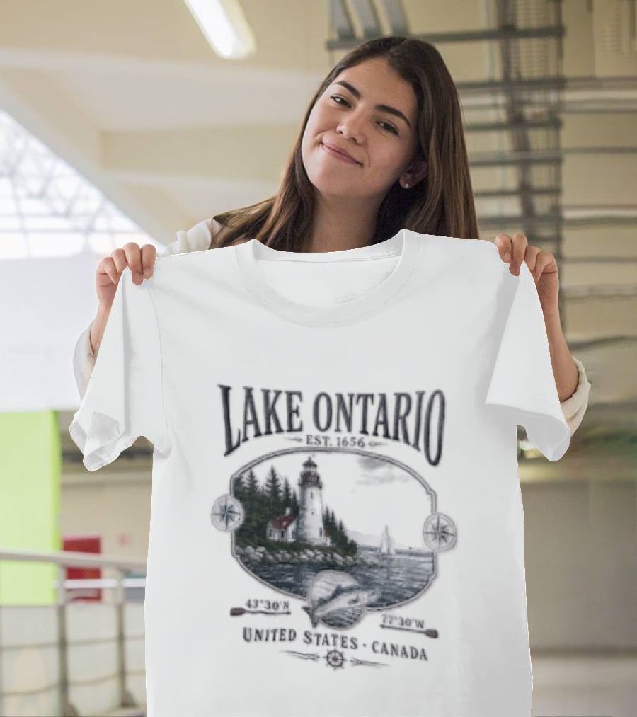 Lake Ontario Lighthouse Sailboat Fish 43 30 And 77 W United States Canada T-Shirt