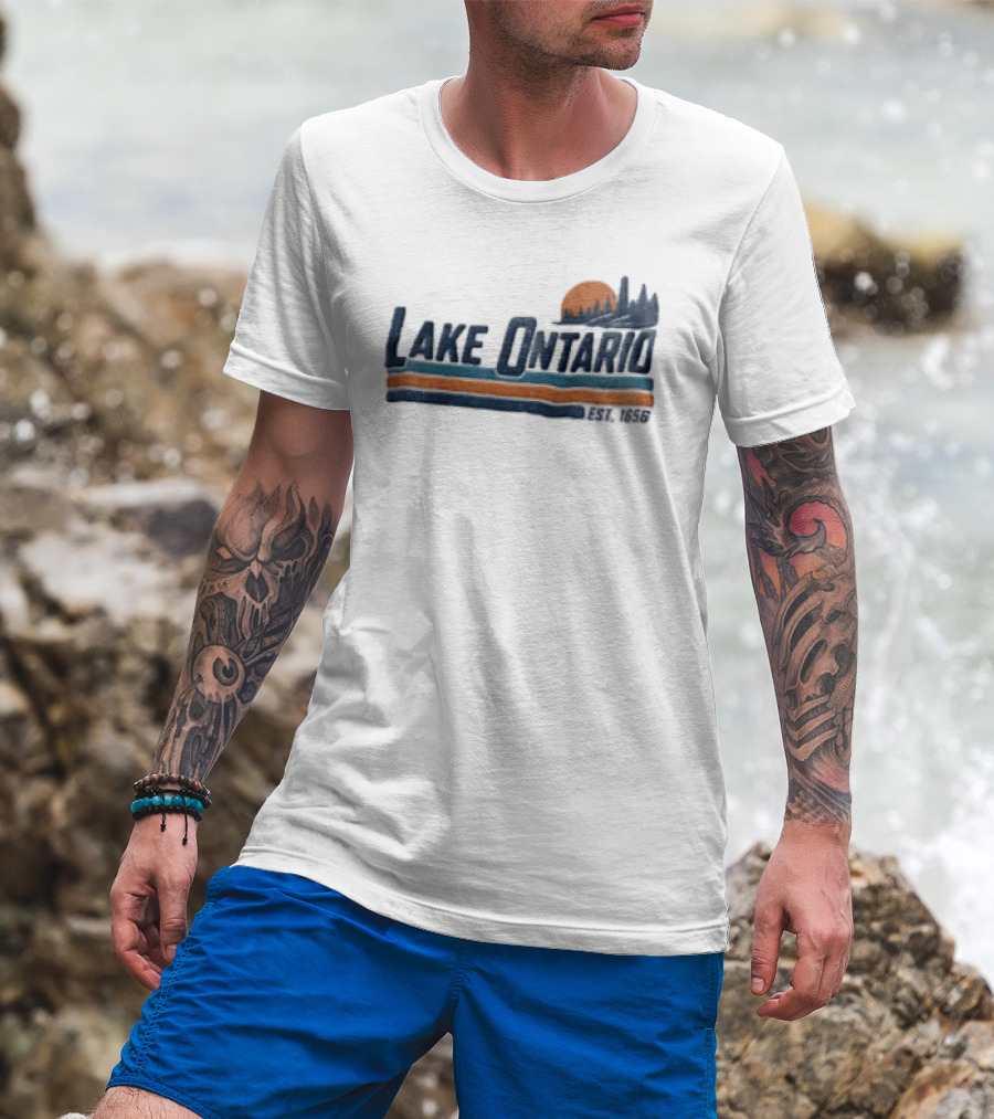 Lake Ontario Sunset Lighthouse EST 1656 Pine Trees T-Shirt