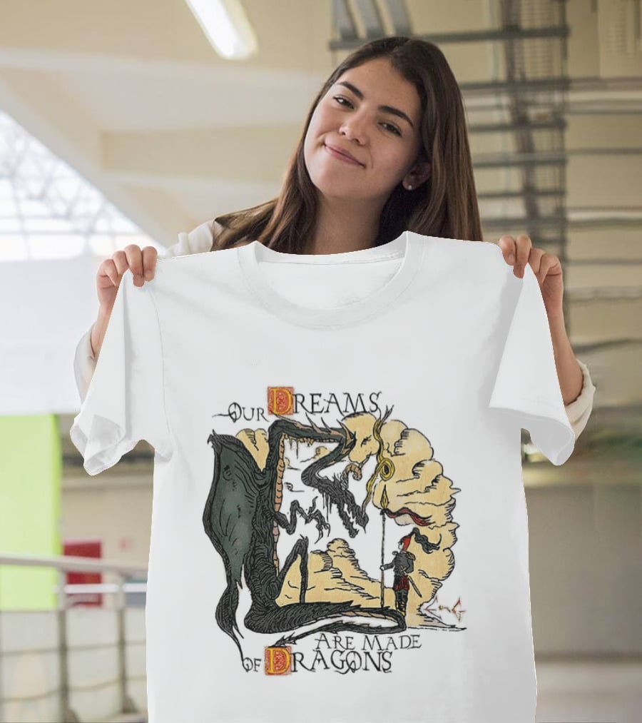 Our Dreams Are Made Of Dragons Artwork Yellow Red Black Fantasy T-Shirt