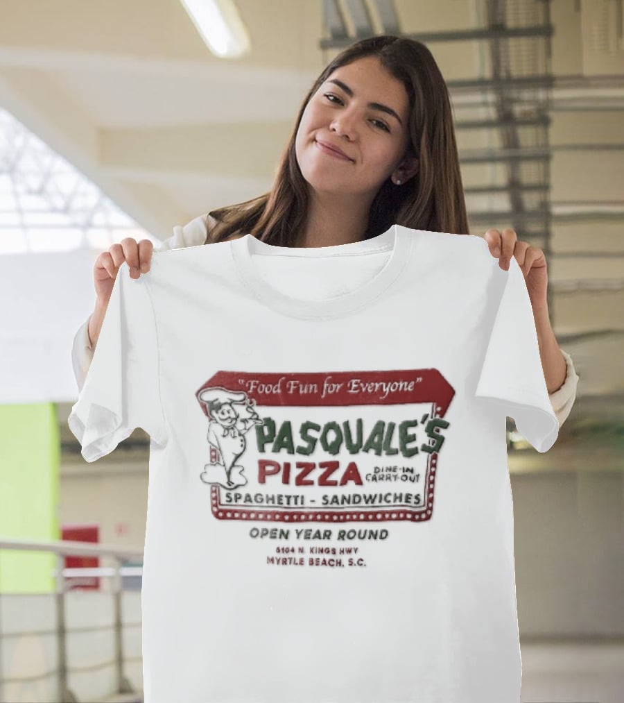 Pasquales Pizza Food Fun For Everyone Myrtle Beach Cartoon Chef Marquee Sign Spaghetti Sandwiches T-Shirt