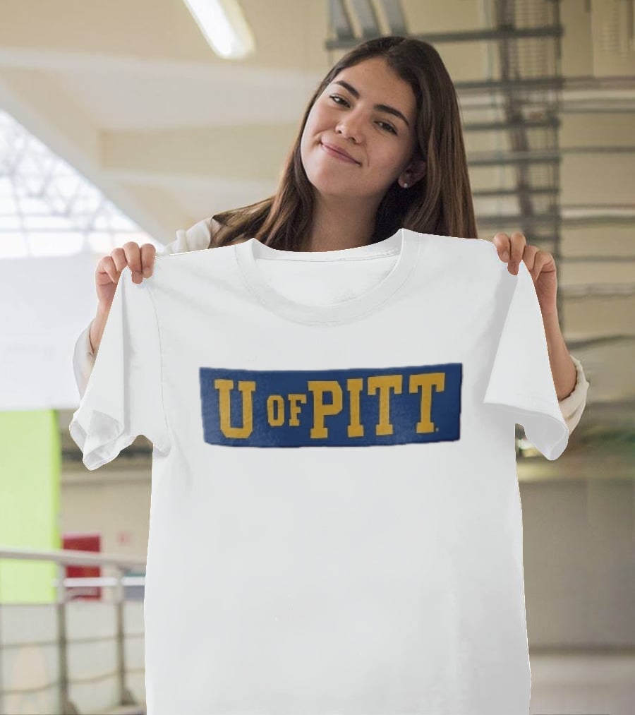 U Of Pitt Blue Wooden Board Yellow Lettering T-Shirt
