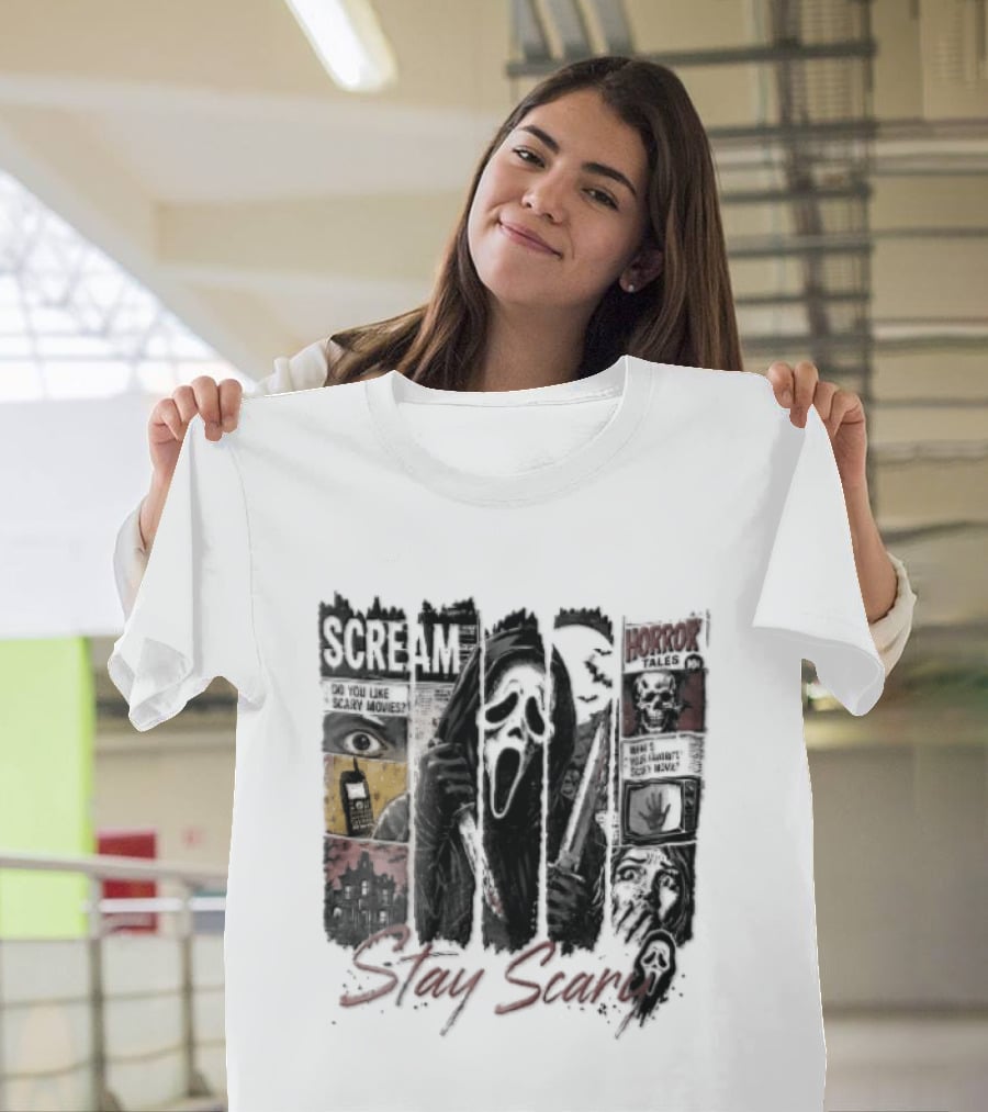 Scream Stay Scary Ghostface Comic Bloody Dagger Do You Like Scary Movies T-Shirt