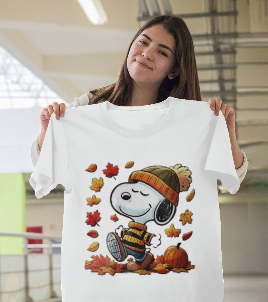 Snoopy Walking In Striped Beanie With Autumn Leaves And Pumpkin T-Shirt