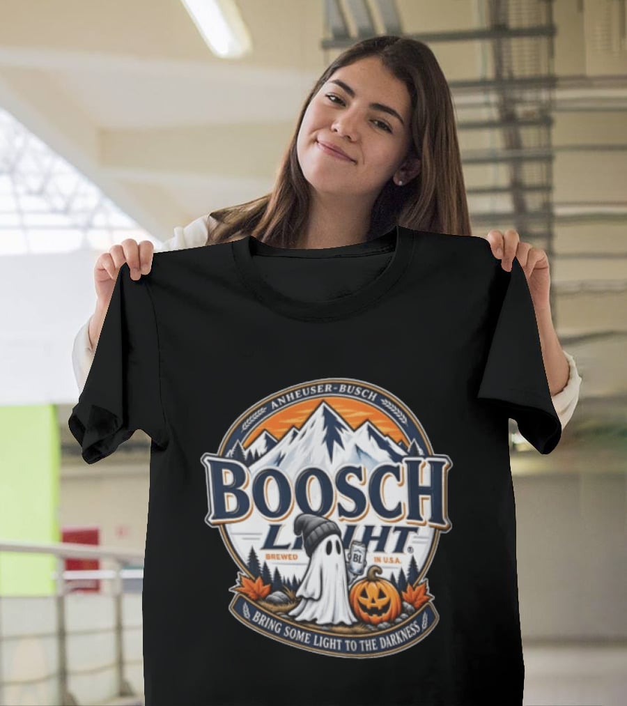 Anheuser Busch Boosch Light Brewed In USA Halloween Ghost Holding Can Jack O Lantern Bring Some Light To The Darkness T-Shirt