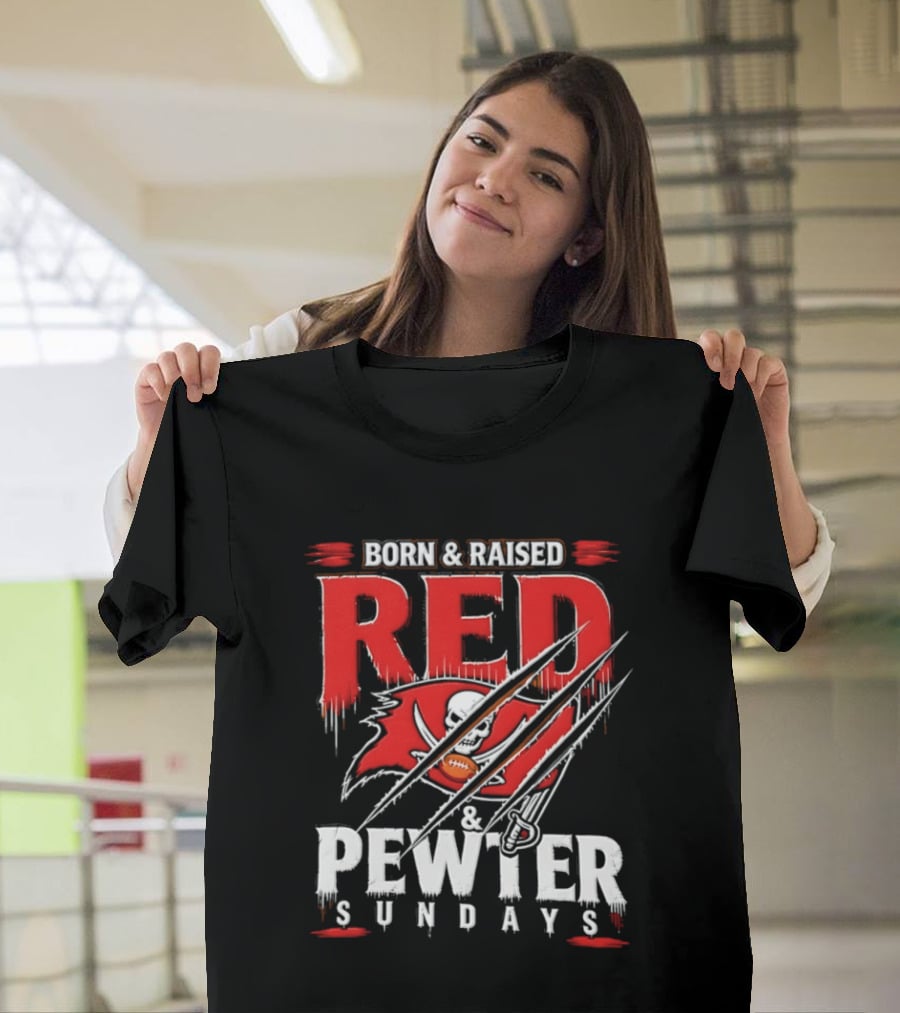 Born And Raised Red And Pewter Sundays Tampa Bay Buccaneers Flag Football T-Shirt