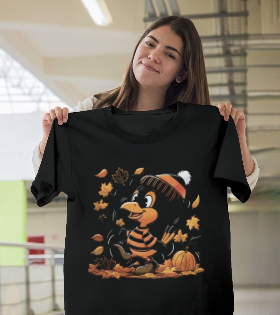 Cartoon Black And Orange Bird Beanie Hat Pumpkin Autumn Falling Leaves T-Shirt