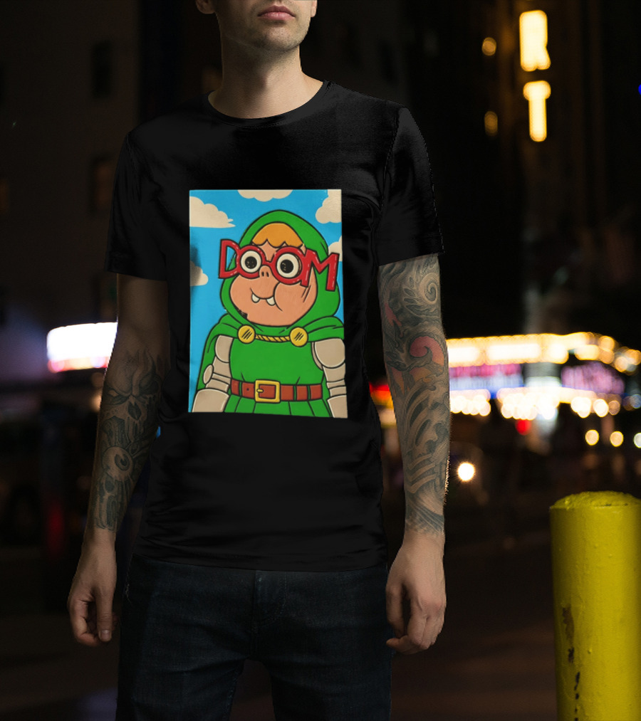 Clarence Doctor Doom Cartoon Crossover DOOM Glasses Green Hood Clouds T-Shirt