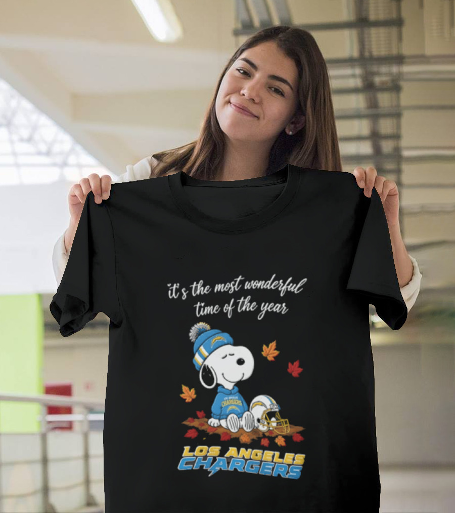 It's The Most Wonderful Time Of The Year Snoopy Los Angeles Chargers Beanie Autumn Leaves Football Helmet T-Shirt