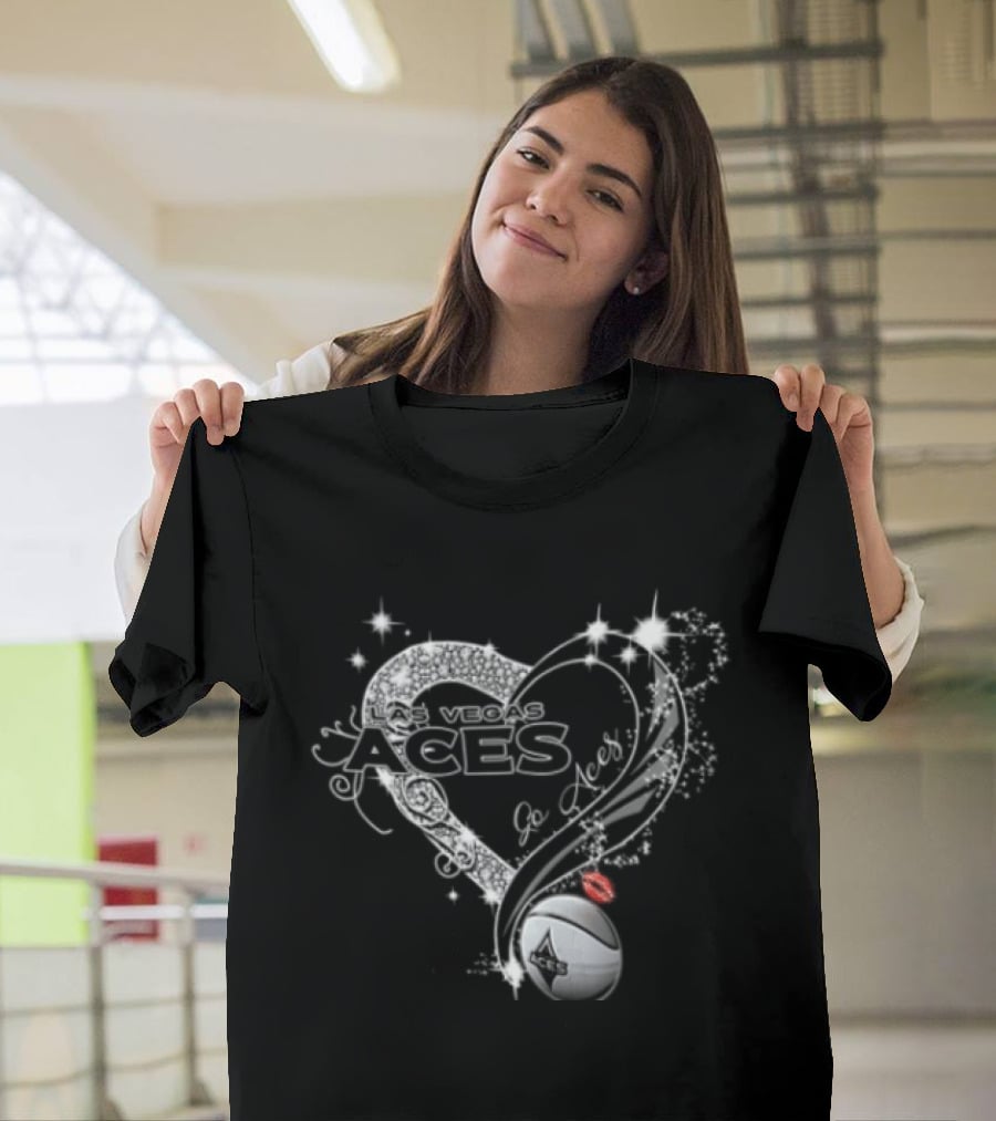 Las Vegas Aces WNBA Rhinestone Heart Basketball Sparkles Lips T-Shirt