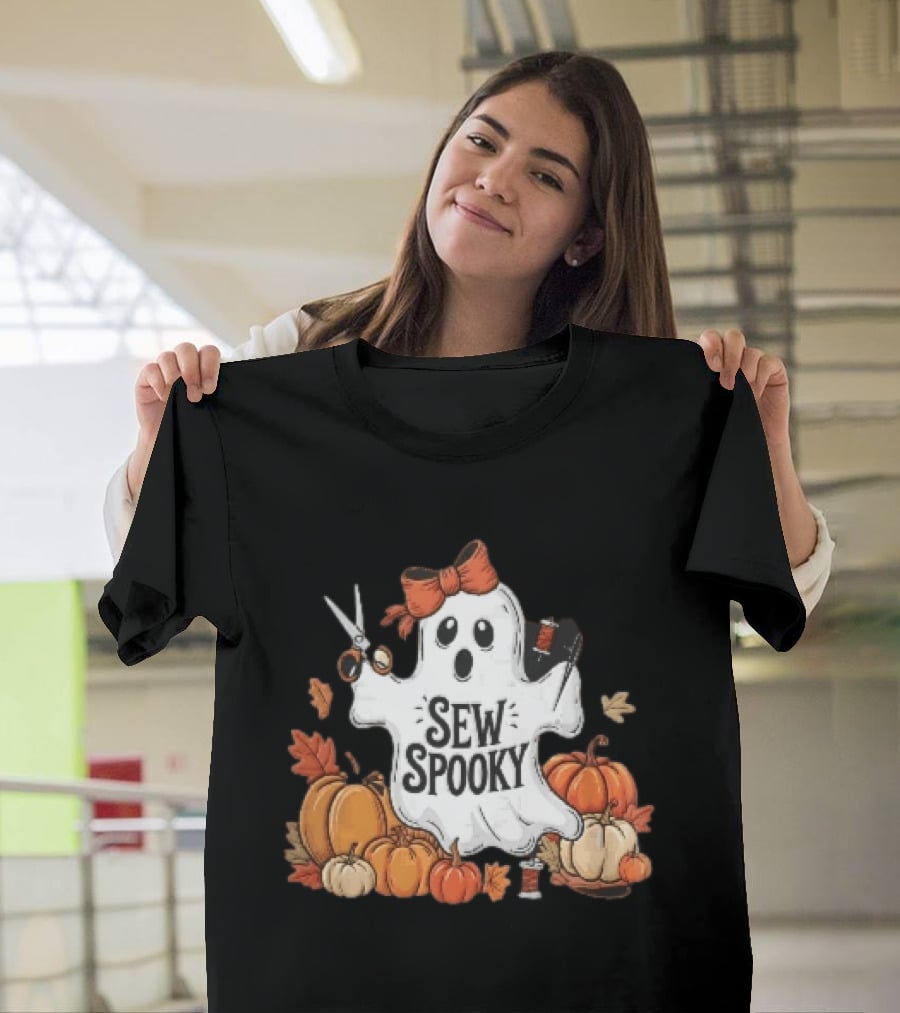 Sew Spooky Ghost With Bow Scissors Pumpkins Autumn Leaves Thread Spools T-Shirt