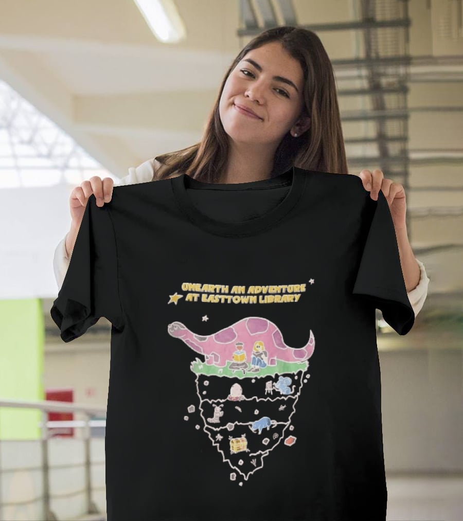 Unearth An Adventure At Easttown Library Pink Dinosaur Journey T-Shirt