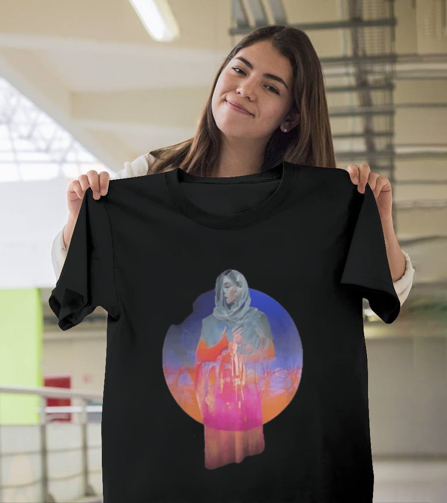 Veiled Hooded Cloak Double Exposure Bare Trees Glowing Sunset Globe T-Shirt