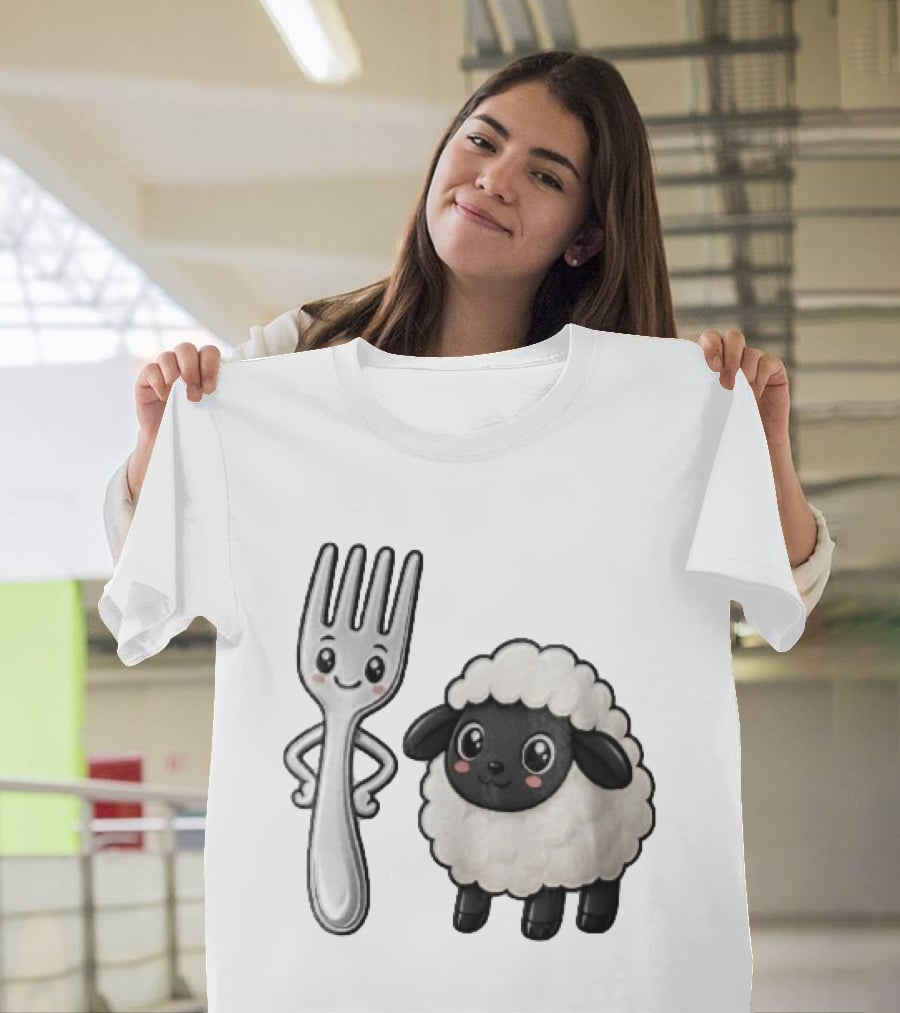 Chibi Style Silver Fork And Cute Black Faced Lamb Cartoon T-Shirt