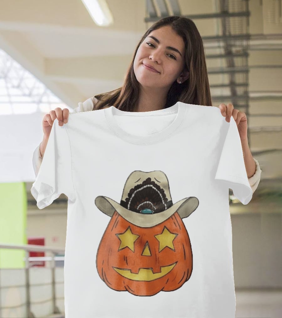 Starry Eyed Jack O Lantern Pumpkin Cowboy Hat Feather T-Shirt