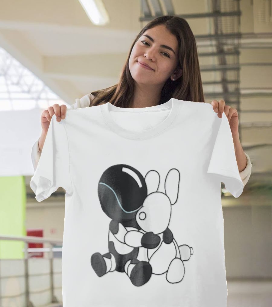 Cartoon Robot Embracing White Bunny Plush Toy T-Shirt