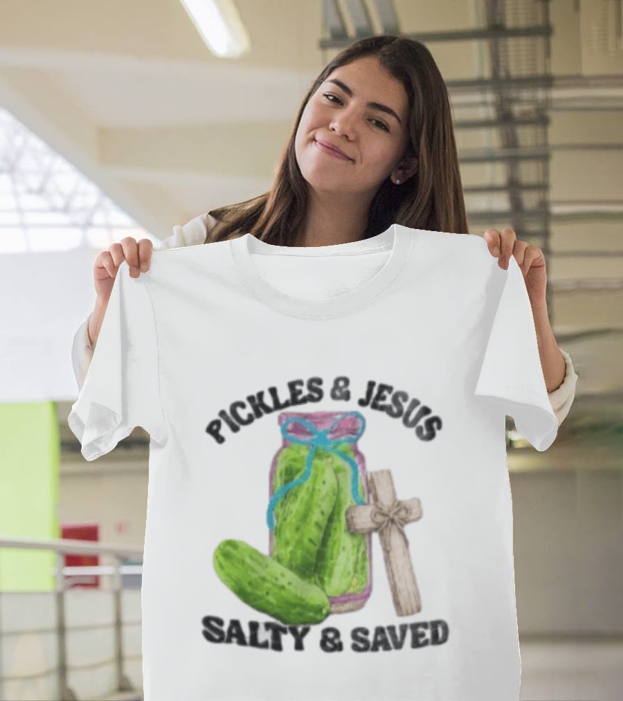 Pickles And Jesus Salty Saved Watercolor Mason Jar Wooden Cross T-Shirt