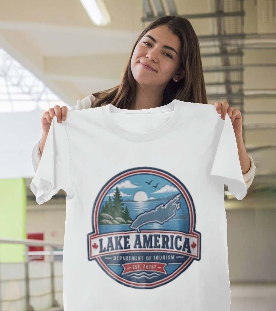 Lake America Department Of Tourism Est 2026 Circular Sunrise Pine Trees Scenic Landscape T-Shirt
