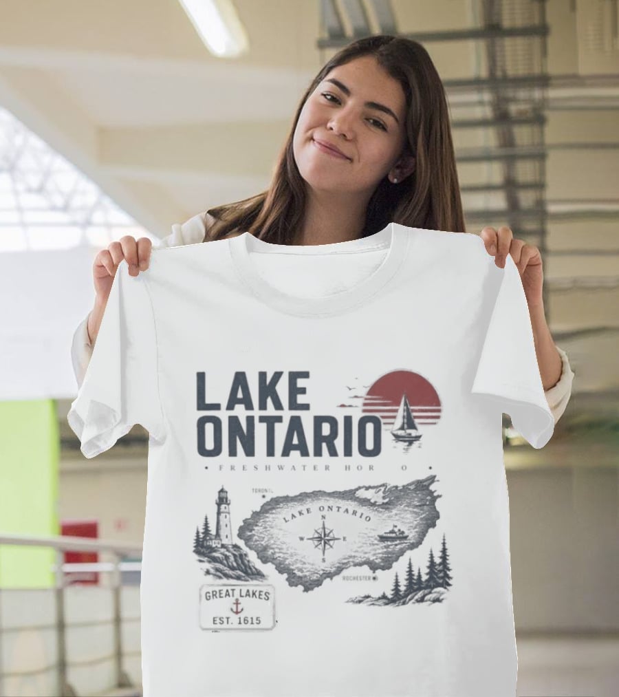 Lake Ontario Rochester Great Lakes Est 1615 Vintage Scenic Sunset License Plate Anchored Sailboat Lighthouse T-Shirt