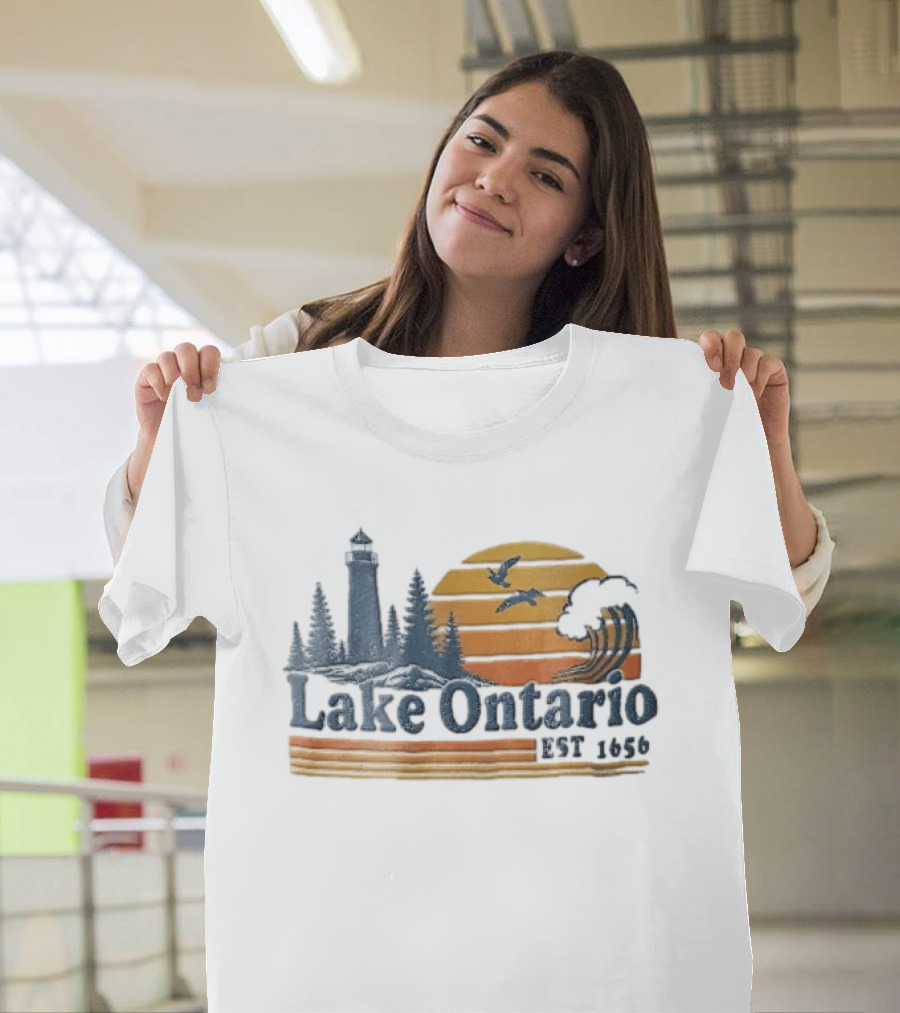 Lake Ontario Est 1656 Sunset Lighthouse Pine Trees Wave Scene T-Shirt