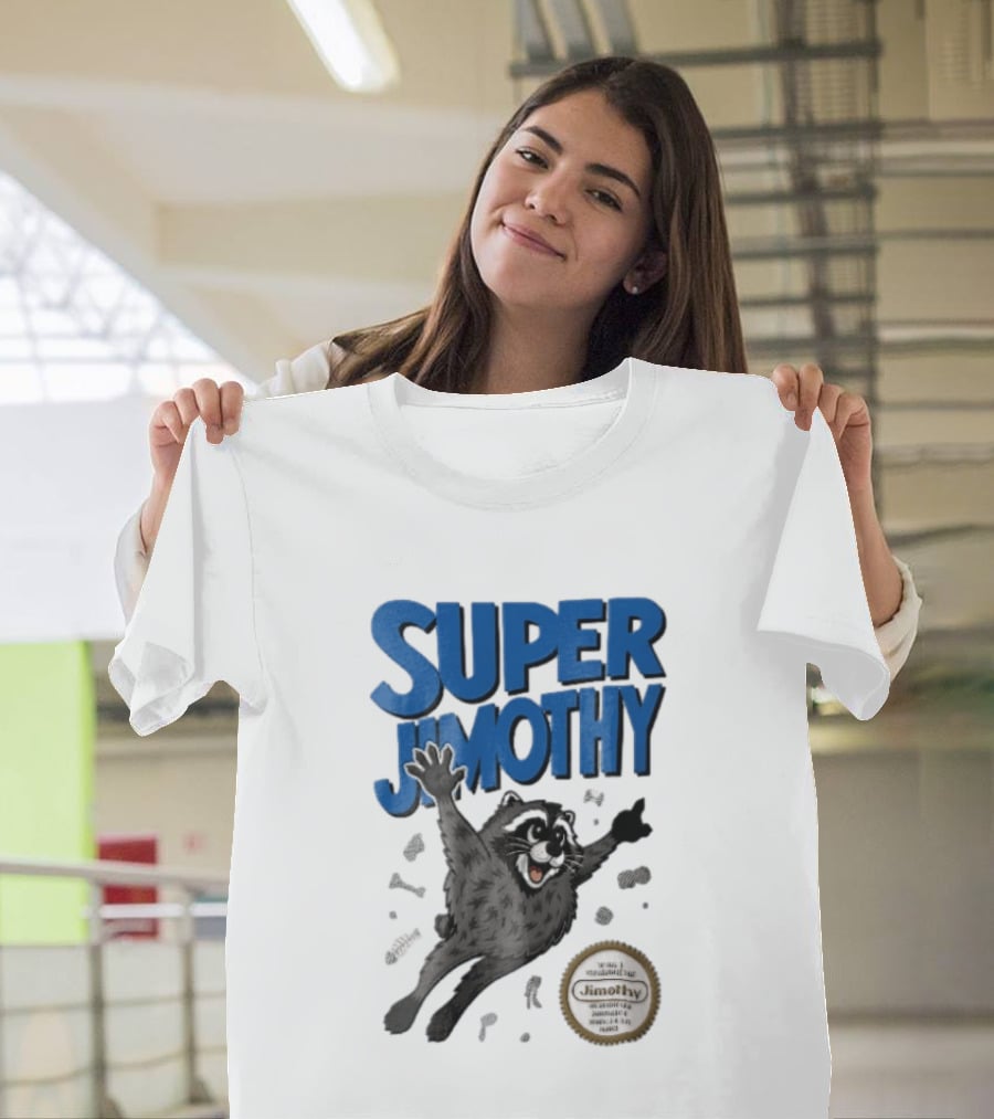 Super Jimothy Cartoon Flying Raccoon Trash Scraps Gold Seal T-Shirt