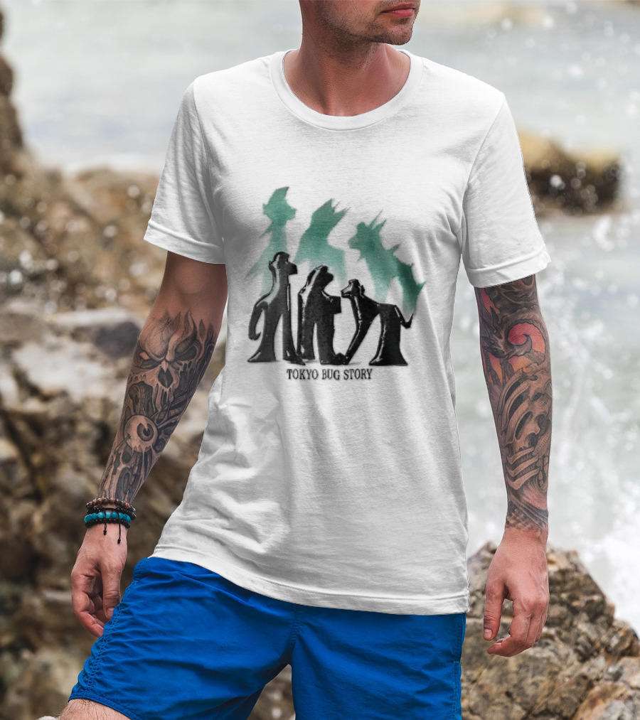 Tokyo Bug Story Glossy Black Figures Green Watercolor Shadows T-Shirt