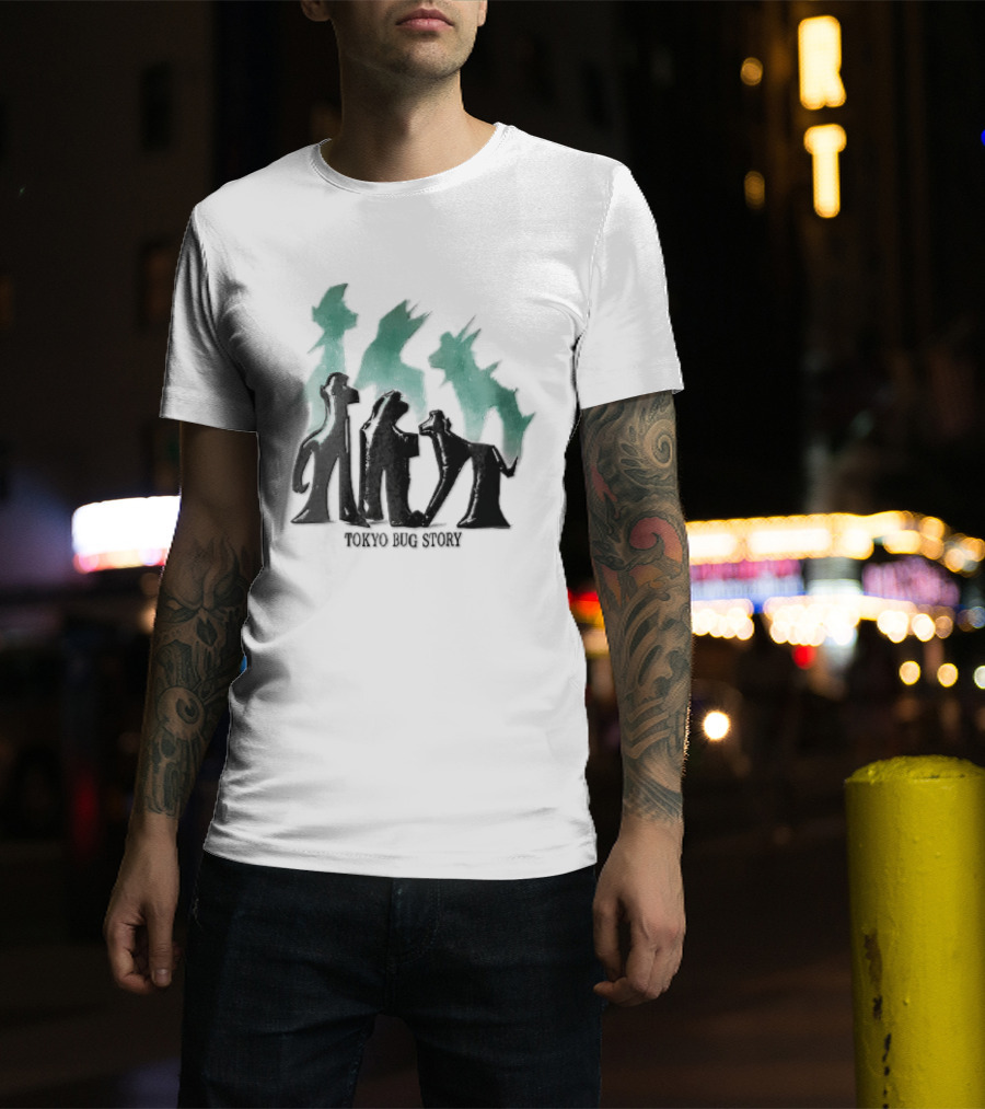 Tokyo Bug Story Glossy Black Figures Green Watercolor Shadows T-Shirt