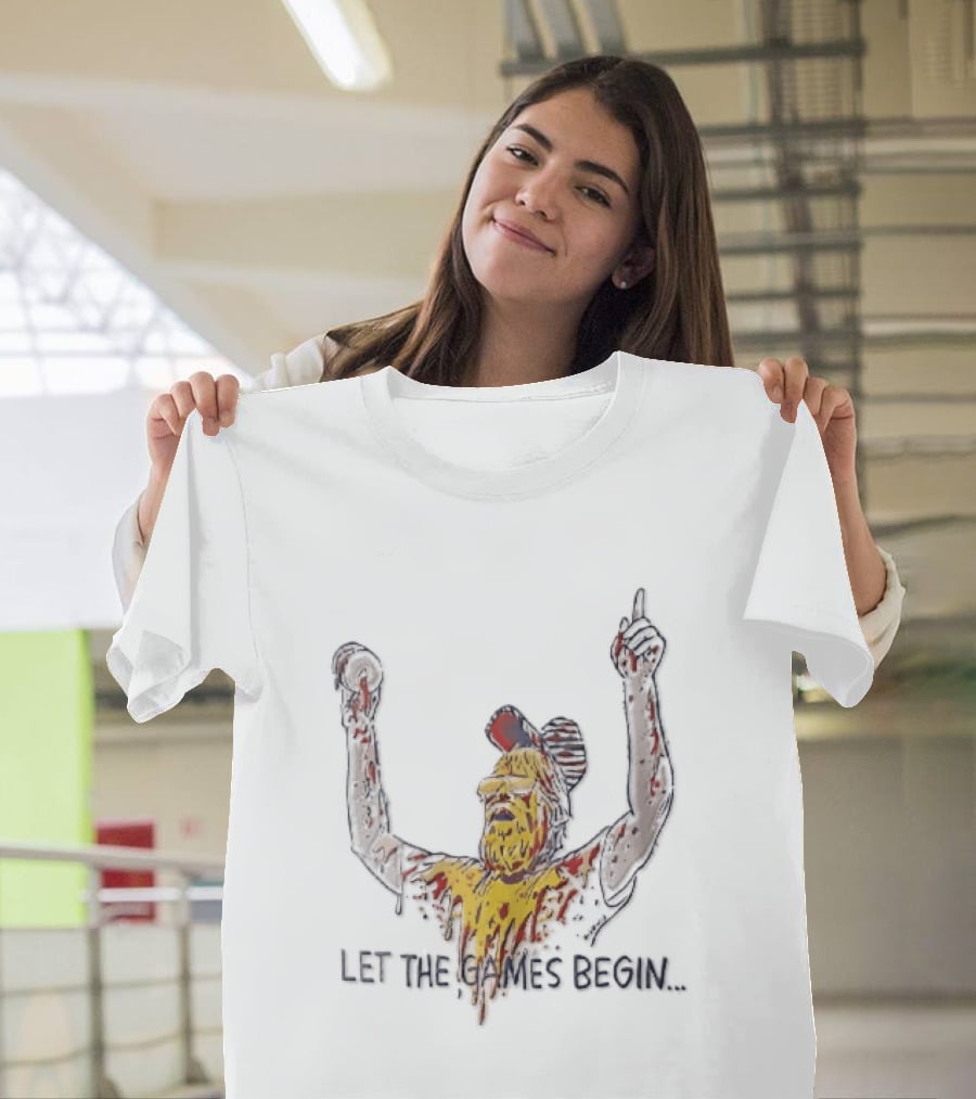Let The Games Begin Caricature Beard Sunglasses Dripping Mustard Ketchup Line Arms Raised T-Shirt