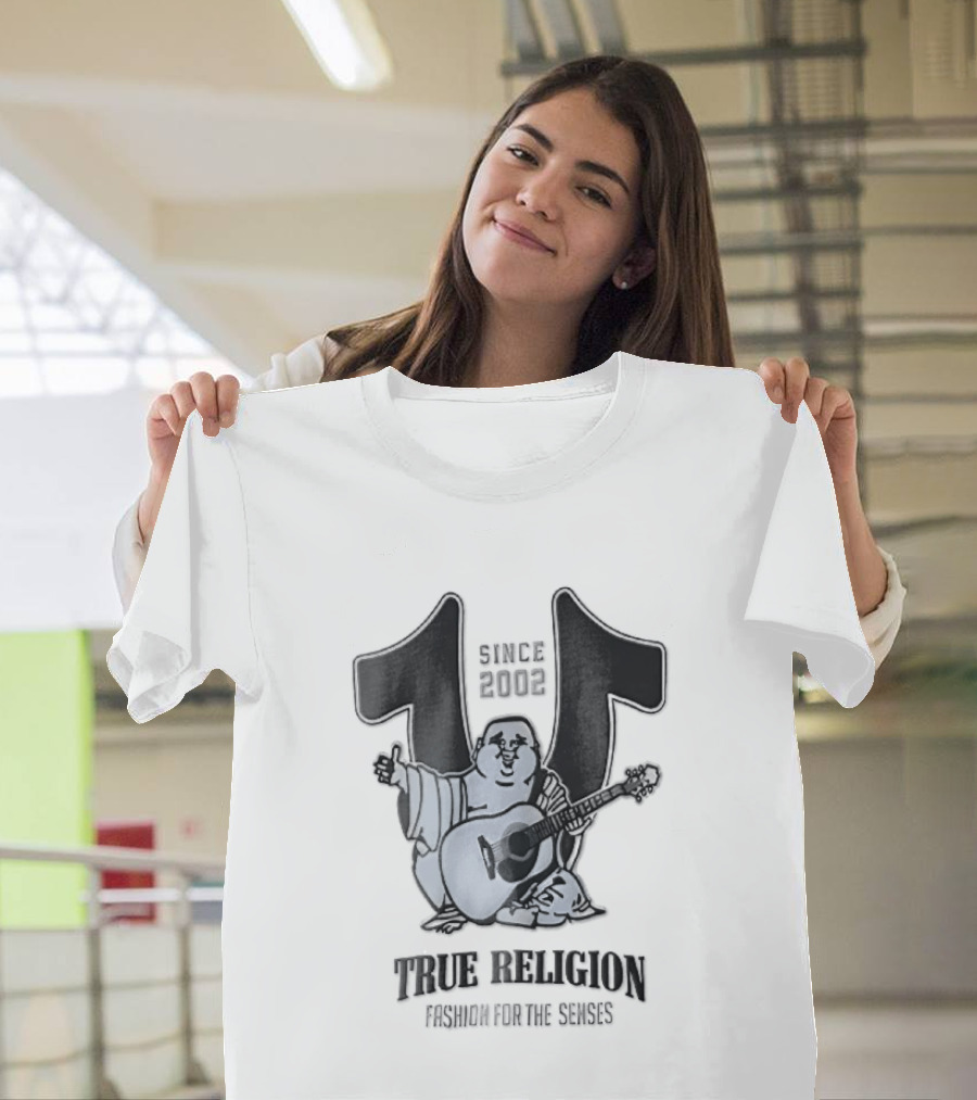 True Religion Since 2002 Laughing Buddha Playing Acoustic Guitar Horseshoe Fashion For The Senses T-Shirt